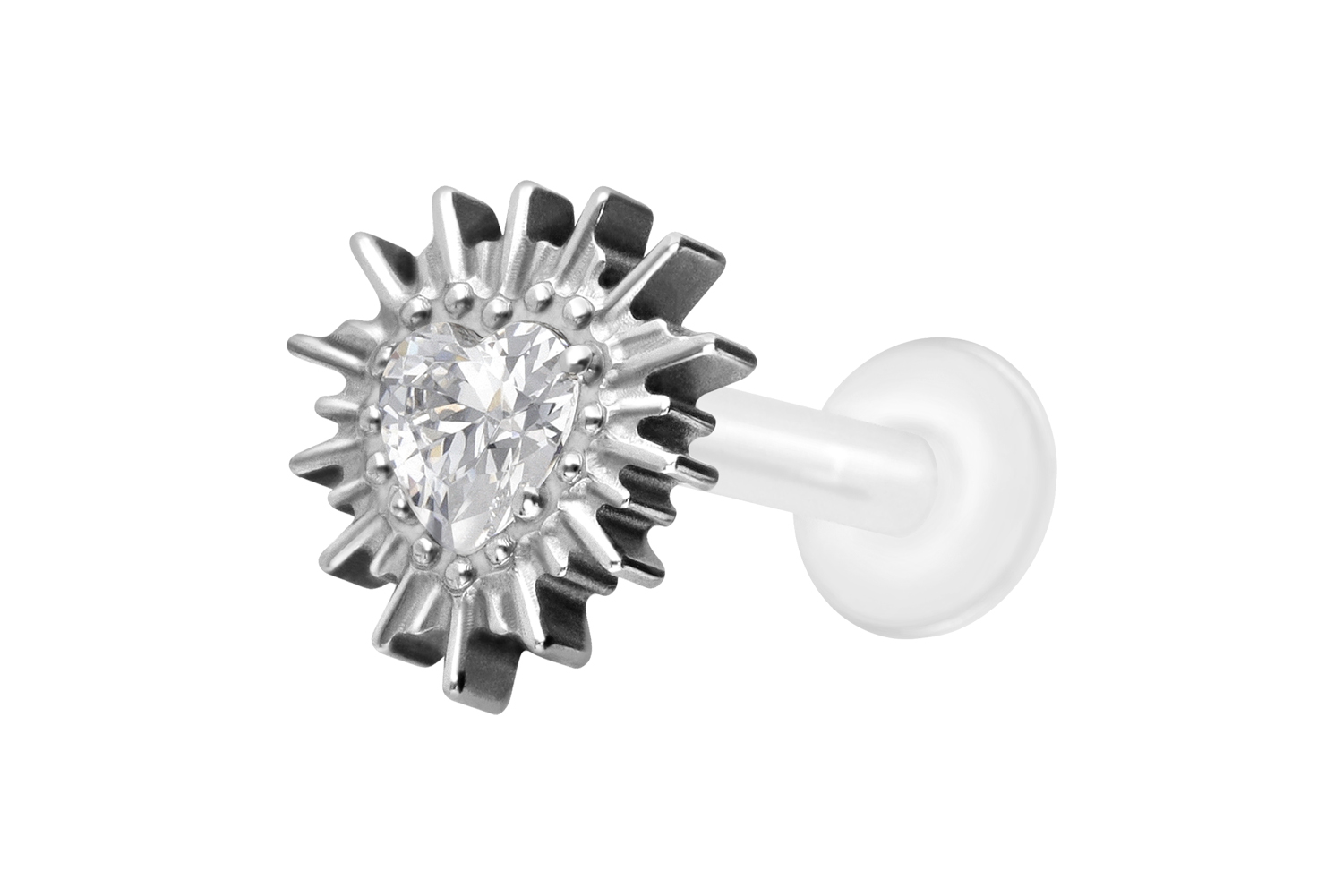 PTFE Labret Piercing mit Innengewinde + Titan-Aufsatz KRISTALLHERZ + SONNENSTRAHLEN